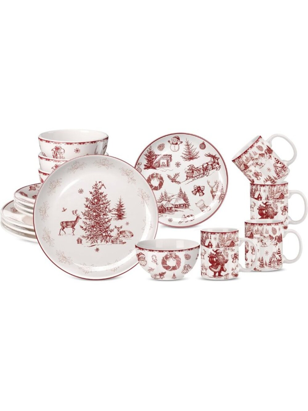 Vintage Christmas Dinnerware Set - 16 Pcs Farmhouse Toile Ceramic Dishes